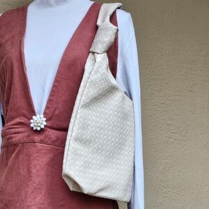 ULTA White Slouchy Hobo Shoulder PU Bag W/ Woven Body + Knotted Strap Detail